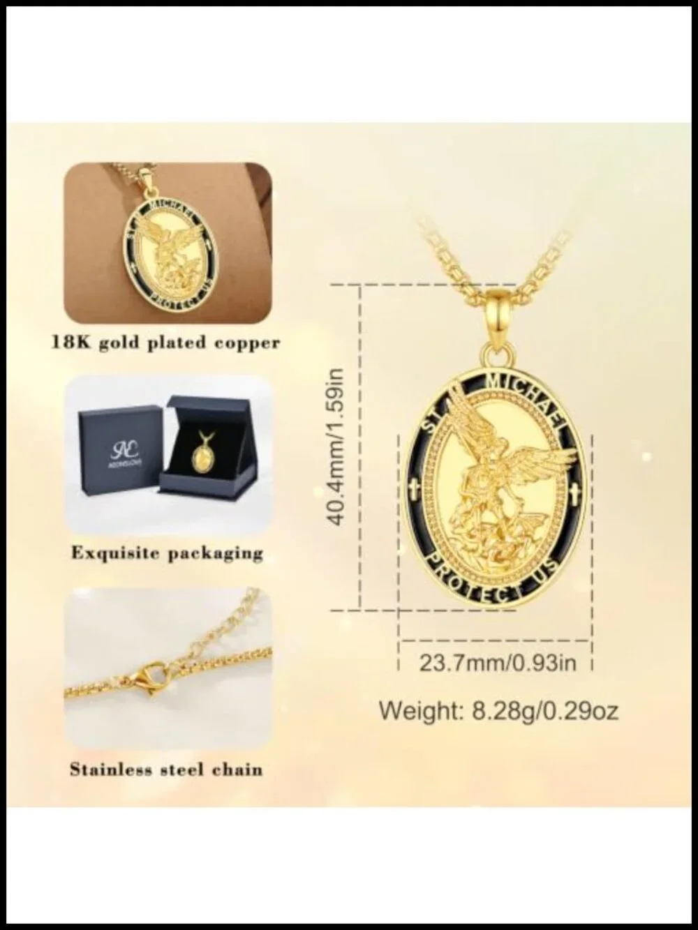 St Michael Medal Pendant Necklace 18K Gold Plated Copper Religious Jewelry